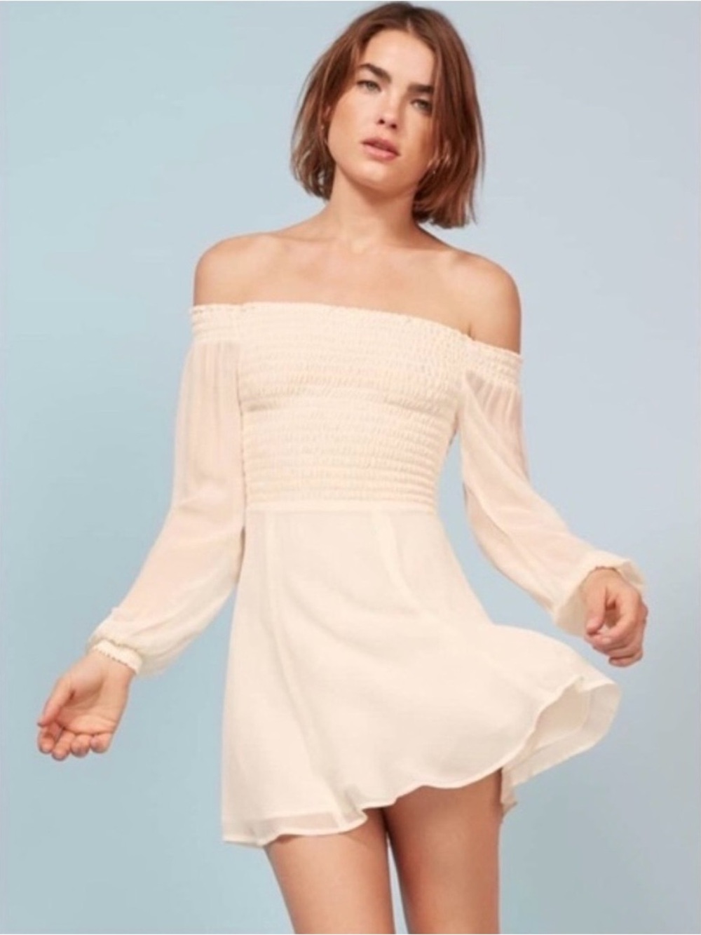 Reformation Honor Cream Smocked Mini Dress